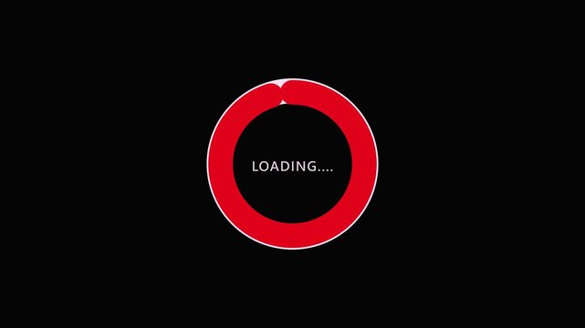 Red loading progress bar ring animation with text on black background for user interface design elements
