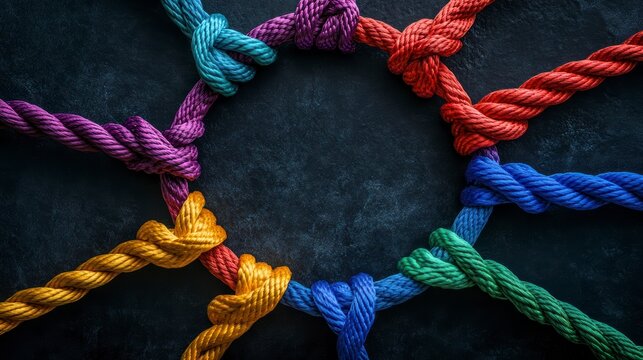 Colorful ropes tied in a circle on dark background, symbolizing unity, teamwork, and connection. (3)