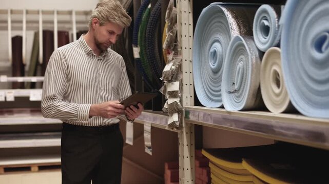 warehouse employee studies goods in a hardware store and checks the availability of goods