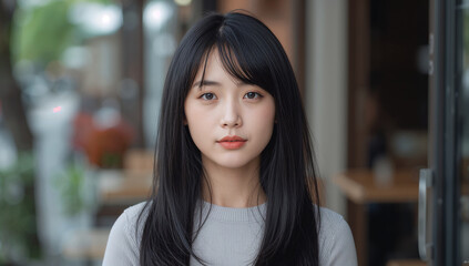 Fototapeta premium 黒髪ロングの日本人女性を自然光で写したポートレート