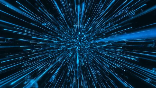 High Speed Futuristic Data Flow featuring Luminous Neon Blue Net Cyber Matrix Lines zooming in Digital Space