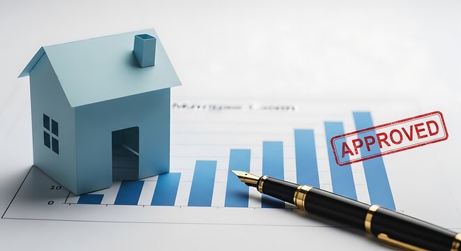 Miniature house on graph with pen and "Approved" stamp, financial planning theme