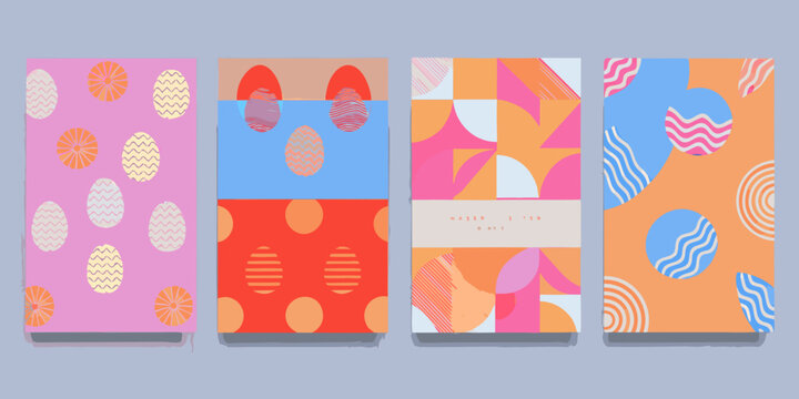 Colorful egg themed geometric pattern designs on card mockups
