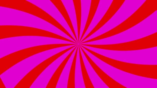 Abstract red and purple radial animated background loop, a seamless pattern featuring vibrant twisted rays of color in dynamic motion, ideal for festive and retro-themed projects
