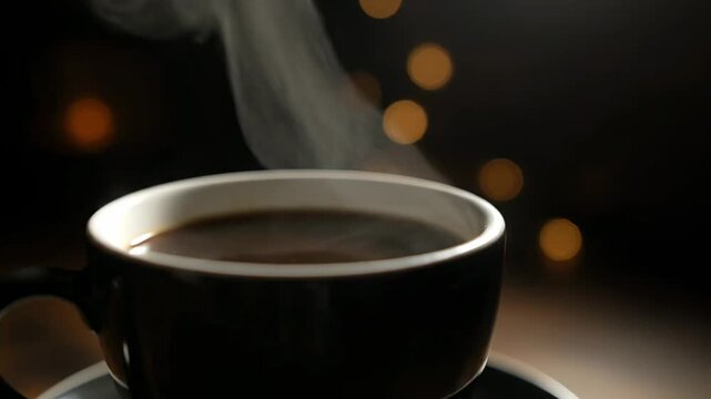 Cozy Coffee Steam Close-Up video showing Warm Hot Vapor rising from a Ceramic Black Tea Mug over a Dark Caf&eacute; Background