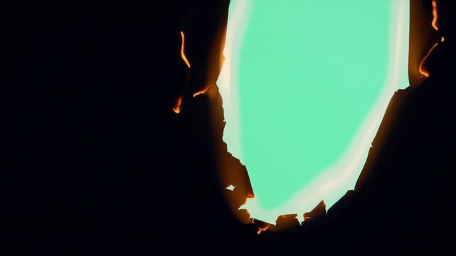 Burning paper hole reveal transition, fiery torn edge effect, glowing burn animation, alpha matte opening, cinematic fire frame, 4k visual effect