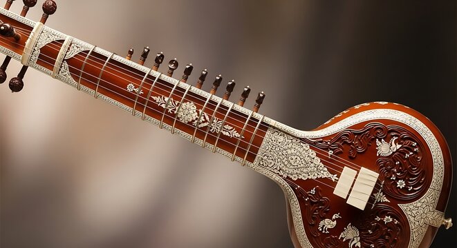 Ornate Wooden Sitar Displayed Against Soft Blurred Studio Background