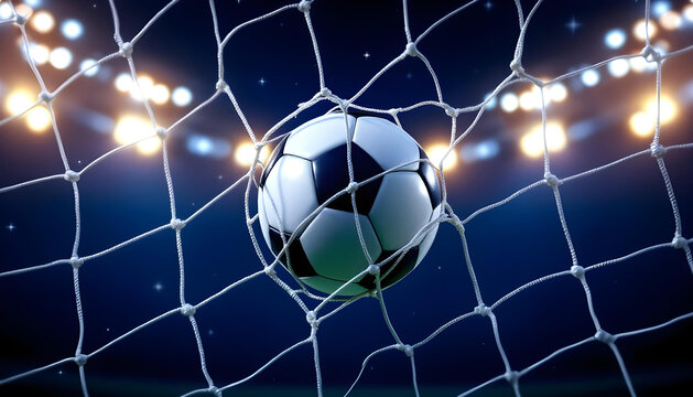 A soccer ball is caught in a net, with stadium lights in the background