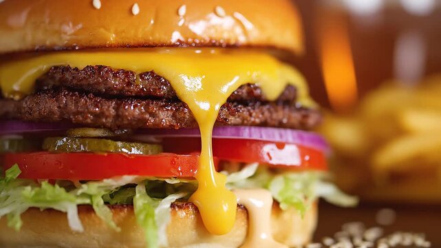 Close-up  gourmet double cheeseburger features melted cheddar dripping enticingly over seared beef patties. Layered with crisp lettuce, fresh tomato, red onion, and pickles on a sesame bun