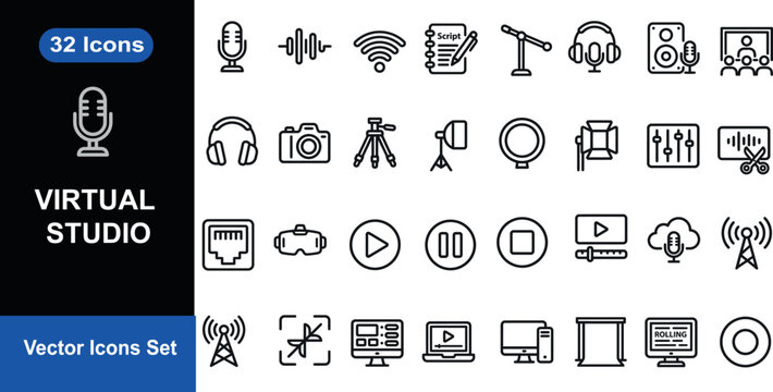 Virtual studio icon set broadcasting recording and audio production tools