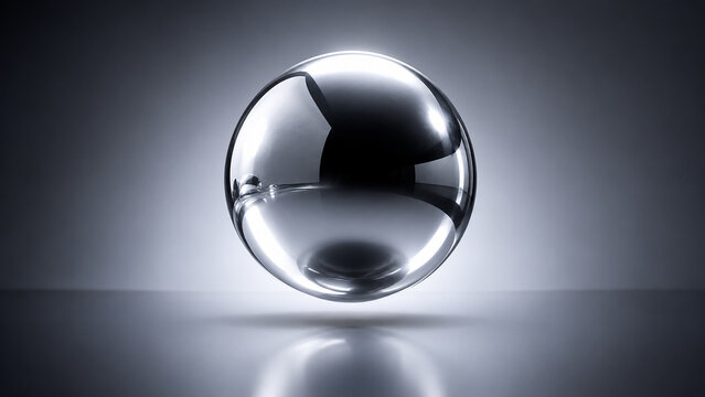 Abstract 3D chrome sphere floating with mirror reflections on gradient background