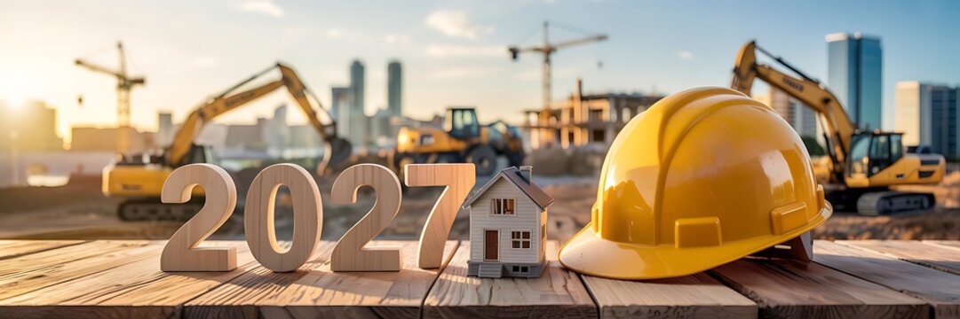 Wooden figures of year 2027 displayed on rough timber surface alongside miniature house model and yellow safety hard hat with heavy construction equipment on background site work.