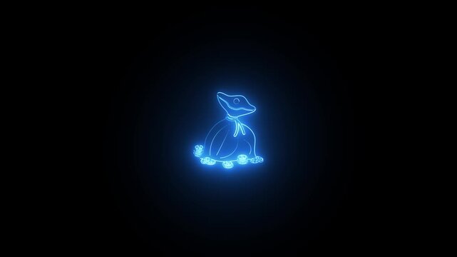 Blue neon line animation of money bag with coins on black background representing wealth and finance success