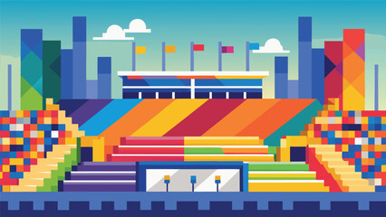 Fototapeta premium Abstract stadium arena with colorful seating and flags colorful illustration abstract architecture competition building structure backdrop perspective facility construction entertainment