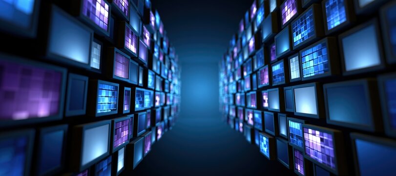 Streaming interface background with floating blank thumbnails in luminous blue tunnel