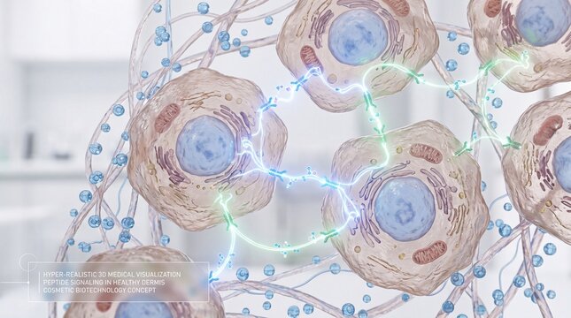 3D medical visualization of cellular communication network, peptide signaling in healthy dermis, biotechnology concept, scientific background, interconnected cells, glowing pathways