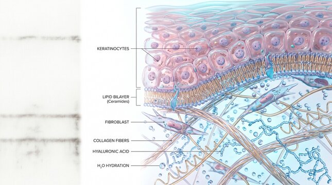 Cross section of human skin showing keratinocytes, lipid bilayer, fibroblast, collagen fiber, hyaluronic acid, and hydration, highlighting cellular communication network and skin structure