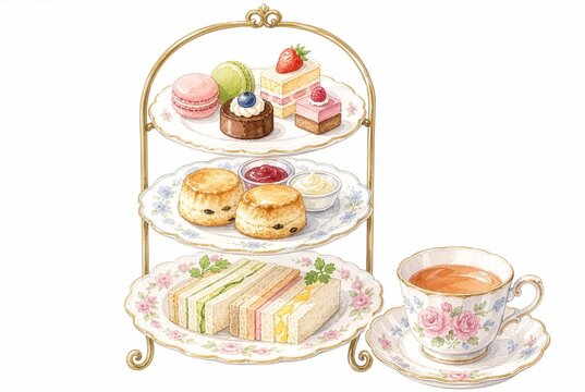 Afternoon Tea Tiered Stand Watercolor Illustration With Cakes And Scones