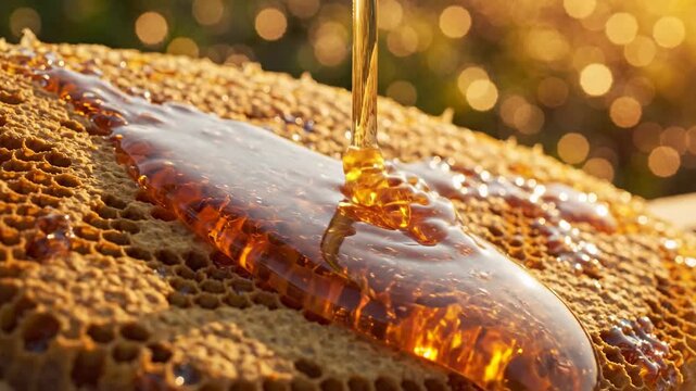 Golden honey dripping onto a honeycomb, natural sweet liquid, macro shot with blurred golden bokeh background