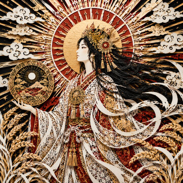 Amaterasu Omikami, Japanese Sun Goddess, Intricate Kirie Paper Cut Art Inspired by Japanese Mythology
