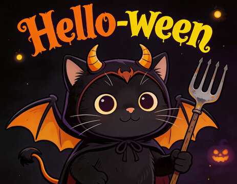 Sweet Halloween-themed illustration with a black cat wearing a monster costume, creating a festive and colorful atmosphere. The text 'Hello-ween' adds a fun touch to the composition.