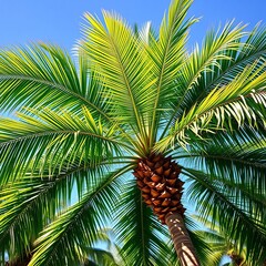 Fototapeta premium Tropical palm tree with lush green leaves and trunk, natural beauty, nature