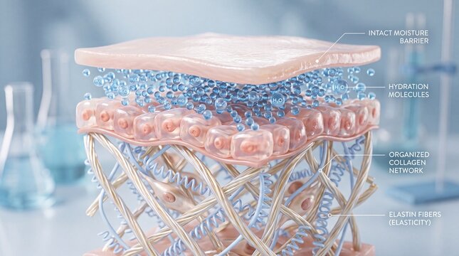 Healthy human skin visualization showing intact moisture barrier, hydration molecules, organized collagen network, and elastin fibers for elasticity, representing hydrated and youthful skin