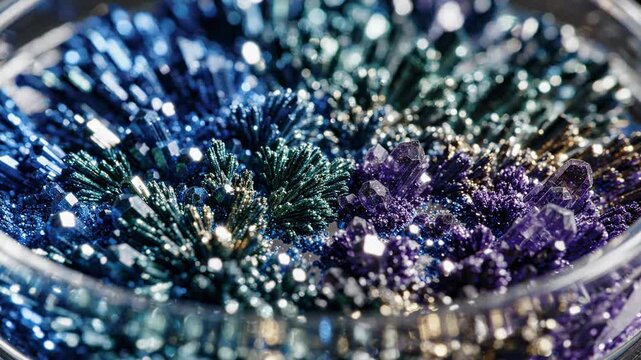 Close up view of metallic blue and purple crystals with sparkling highlights, abstract texture, geological formation