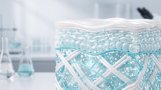 Healthy human skin visualization cross section showing epidermis dermis collagen fibers hydrated cells glowing effect scientific laboratory background smooth texture