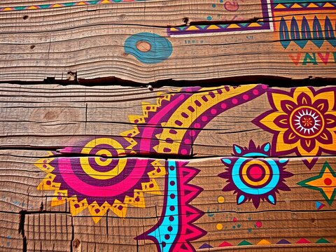 Vibrant tribal patterns dance across worn wooden surface, warm, light