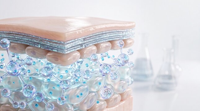 Healthy human skin visualization showing stratum corneum, hydration flow, keratinocytes, dermal epidermal junction, collagen bundles, and fibroblast structure