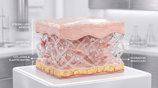 Strong lipid barrier, hydrated dermis, collagen and elastin matrix, activated fibroblasts, and hydration molecules are illustrated detailed 3D cross section of human skin, showing healthy