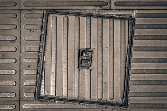 Close-up of an urban metal paving slab with a slightly slanted grid pattern, Fuerteventura, Canary Islands, Spain