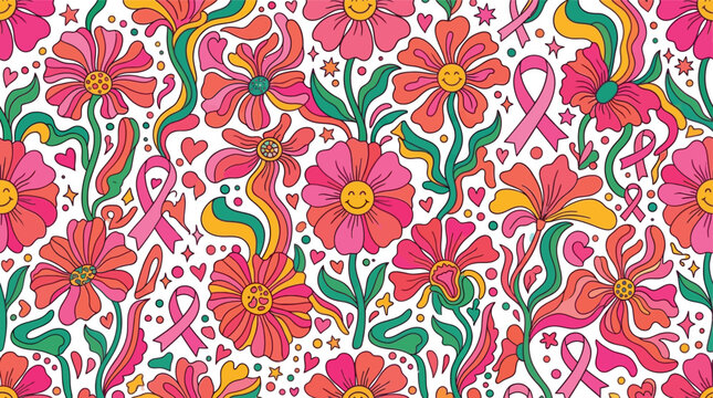 Retro Groovy Breast Cancer Awareness Seamless Pattern | Pink Ribbon Floral Hippie Background