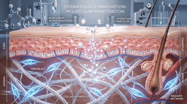 Cross section skin illustration showing intelligent active molecules and hydration particles penetrating epidermis, fibroblast cells, collagen fiber, radiant network, and dermis layers scientific