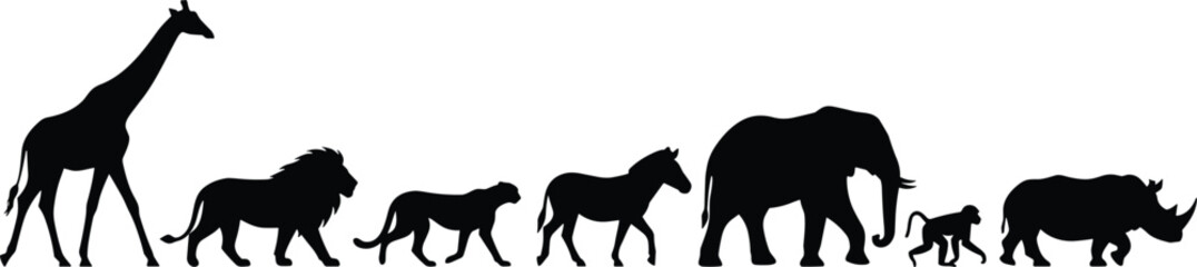 Panoramic silhouette of African wildlife including giraffe lion elephant and rhino for safari branding © SreeRupali