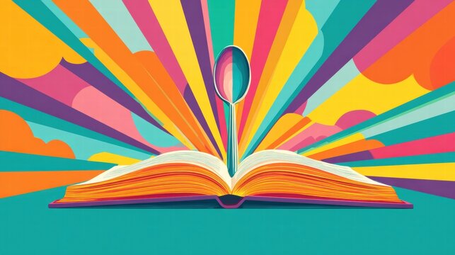 Colorful illustration of a spoon rising from an open book