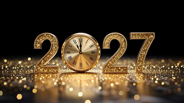 Golden 2027 numbers with clock face in middle sparkling on black background with bokeh lights festive celebration concept.