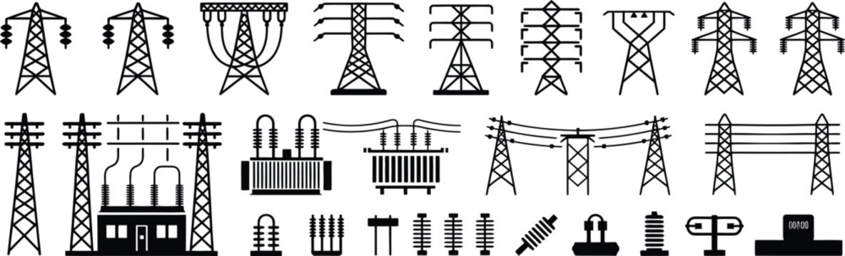 Collection of black and white depicting electrical power transmission infrastructure, including lattice towers, transformers, and insulators