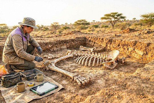Archaeologist Carefully Excavating Ancient Giant Skeleton in Desert Dig Site