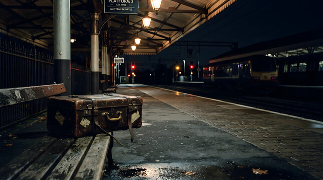 Vintage leather suitcase left on a wet bench at an empty train station platform at night under warm glowing lights