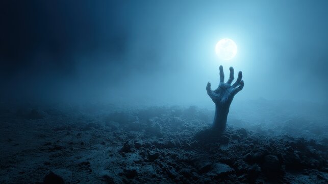 Hand Reaching Up From Dark Ground Moonlight