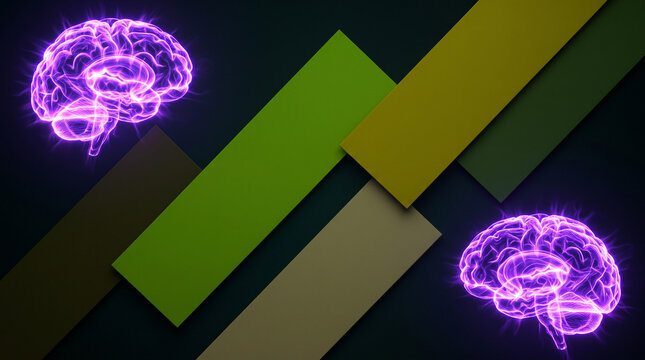 Vibrant Purple Neon Energy Brain Holograms on Lime Green and Olive Green Panels Background