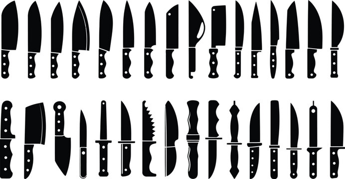 Collection of black silhouette of various kitchen knives, cleavers, and utility blades arranged in two horizontal rows on a white background