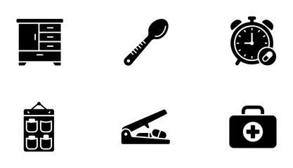 Fototapeta premium Medical Icons Set: First Aid Kit, Pill Dispenser, Alarm Clock, Cabinet, Spoon, Organizer | Healthcare Vector Graphics