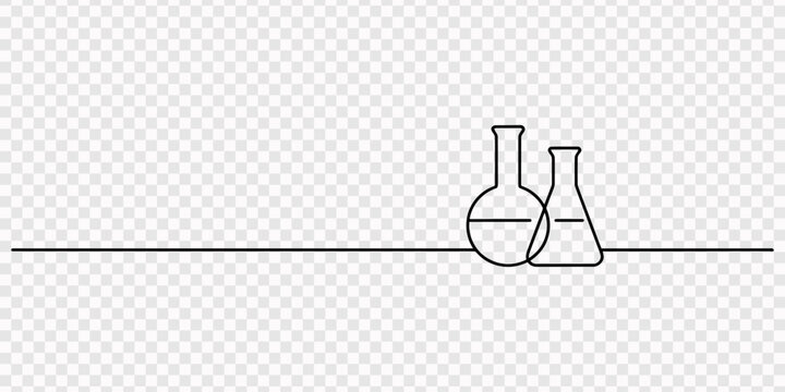 two laboratory glassware   continuous one line drawing,  Two neck round bottom flask one line continuous drawing. Laboratory glass equipment continuous one line illustration, Two neck round bottom