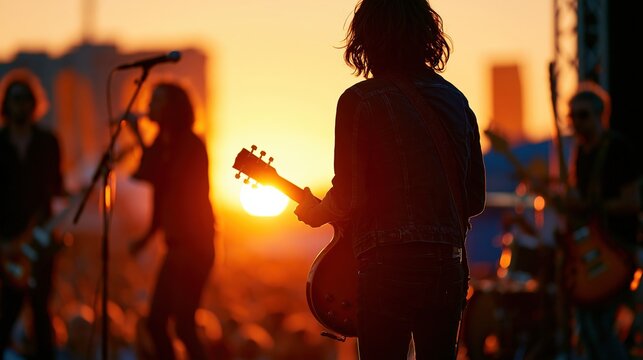 Silhouetted band performing on outdoor stage at sunset with guitarist in foreground