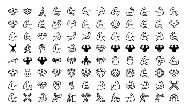 Biceps Muscle Icon Set Strength Fitness Gym Editable Stroke Vector Collection