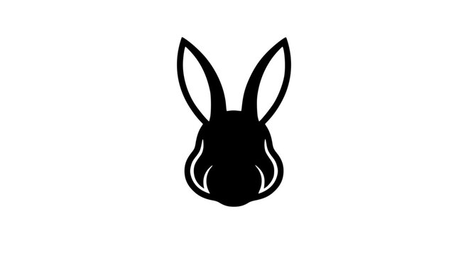Black silhouette of a rabbit head with upright ears isolated on white background