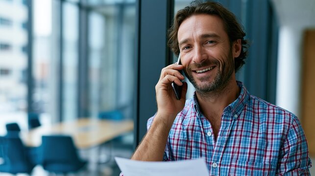 Business professional on phone by panoramic office windows reviewing report